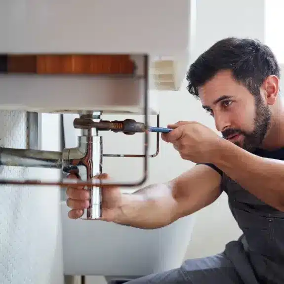 Plombier en train de réparer un siphon sous un lavabo